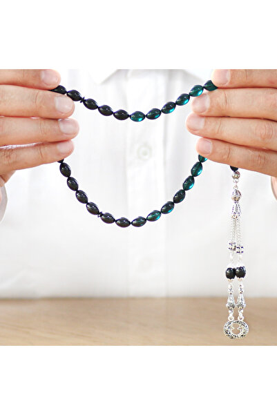 Tesbihane Non-Tarnish Metal Crescent Star Tasseled Barley Cut Filtered Turquoise-black Fire Amber Prayer Beads