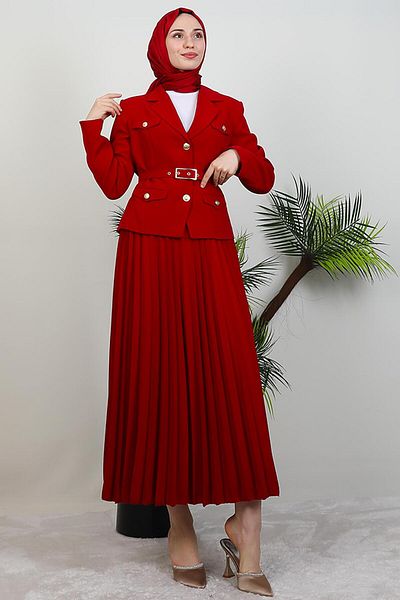GİYZAMİLA Gold Detail Skirt Suit Dark Red