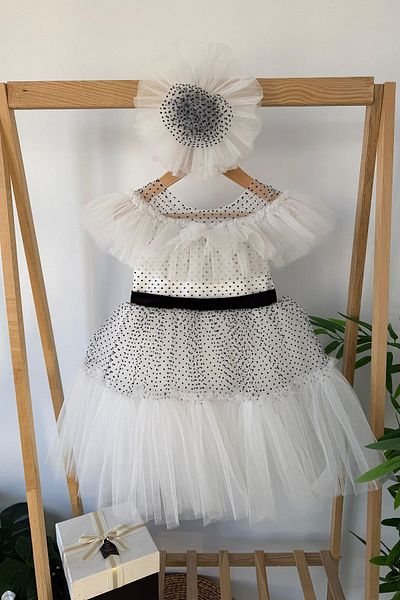 Minigimin Cicileri My Little One's Puff Dot Detailed Bow Girl's Evening Dress - White