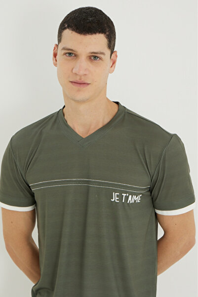 İPEKTENİM Чоловічий піжамний комплект з квадратним візерунком, манжетами та V-подібним коміром