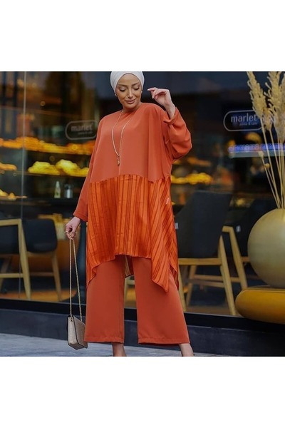 BZ BUTİK Fushya Pleated Detailed Asymmetrical Cut Hijab Double Set