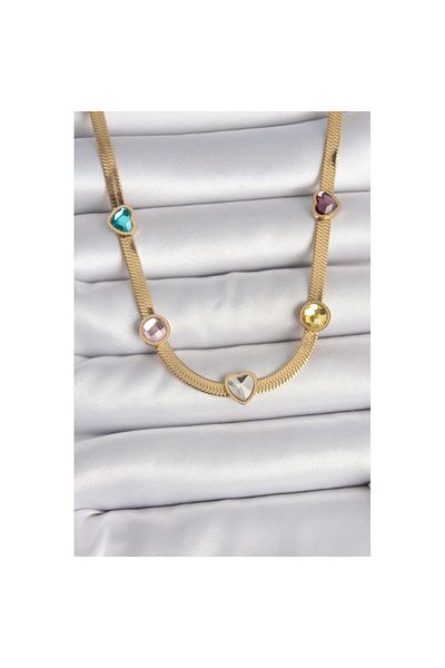 Skygo 316L Steel Gold Color Italian Chain Colorful Zircon Stone Heart Figure Women's Necklace - Tj-Bko10117