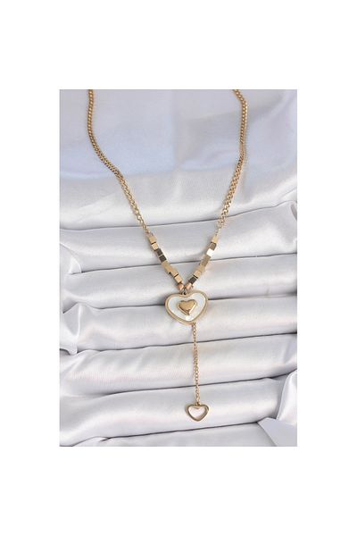Skygo 316L Steel Gold Color Chain White Enamel Heart Figure Dangle Detail Women's Necklace - Tj-Bko10115