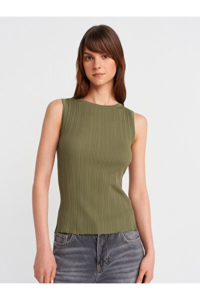 Dilvin 10753 Boat Neck Ribbed Thin Knitwear Blouse-Khaki