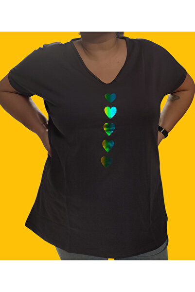 Barato Μπλουζάκι με λαιμόκοψη V μεγάλου μεγέθους, σκούρο καπνιστό, με στάμπα