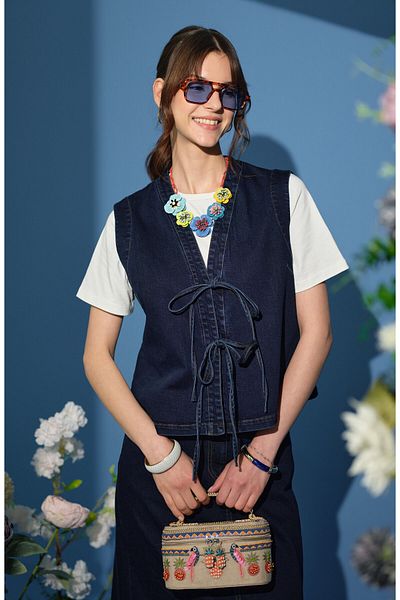 Fatma Atasoy Tie-Up Navy Blue Denim Vest