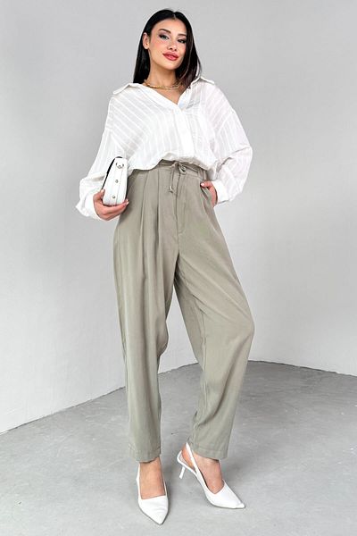 Cappmoda Pnt-07416 Khaki Waist Tie Pencil Carrot Pants