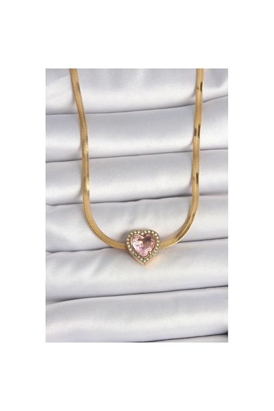 Skygo 316L Steel Gold Color Italian Chain Pink Zircon Stone Heart Model Women's Necklace - Tj-Bko10120