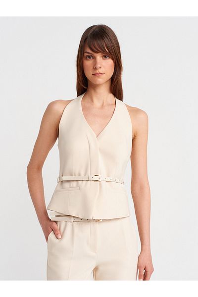 Dilvin 60583 Belted Vest-Ecru