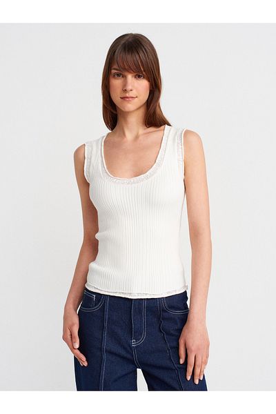 Dilvin 10750 Corded Fine Textured Knitwear Blouse-Ecru