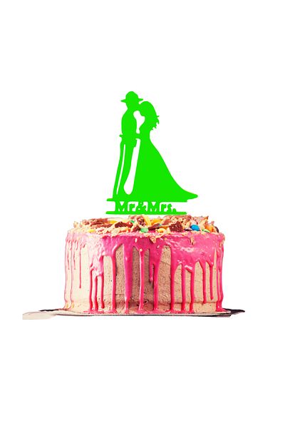 OEM Cake topper decoration, "MR AND MRS" in the service of love, policeman model, 18.6 x 11 cm green