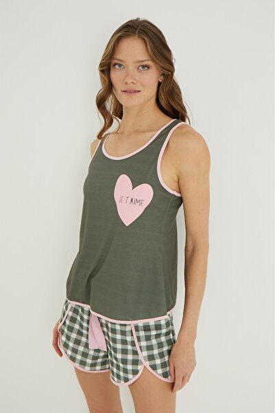 İPEKTENİM Шорти з принтом у клітинку, з асиметричним застібанням, з хрестоподібним кроєм на спині, комплект піжами для пари