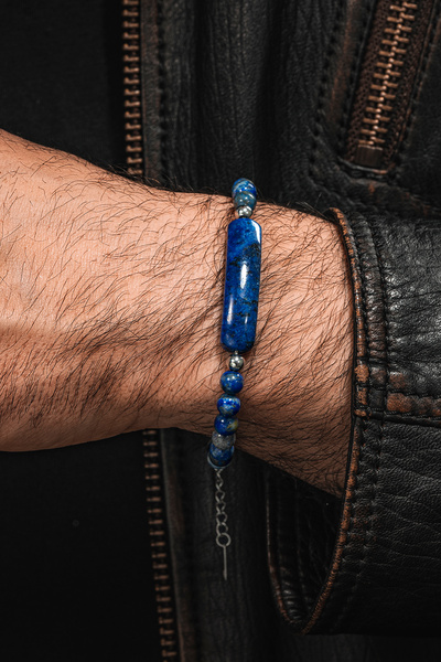 OSMANLI GÜMÜŞ Erkek Kadın Doğal Taş Bileklik - Lapis Doğal taş Çelik Halat Ve...