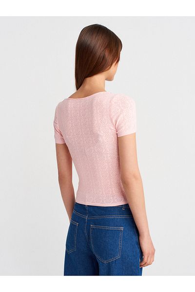 Dilvin 10755 Short Sleeve Lace Textured Slim Knitwear Blouse-Pink