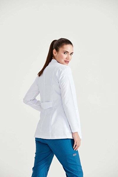 DEMOTEKS Women's Short White Lab Coat Uniform - Three Pockets, Long Sleeve, Tunic Collar