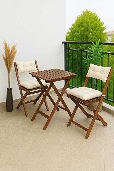 Reyo Ceviz Krem Gürgen Katlanır Minderli 3'lü Bistro Set Balkon Bahçe Masa Sa...