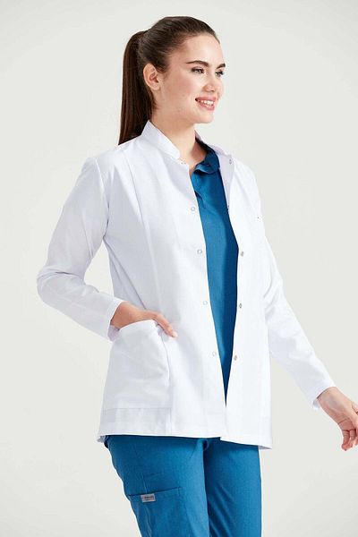 DEMOTEKS Uniforma Lab Coat Halat Medical Scurt Alb Femei – Cu Trei Buzunare, Maneca Lunga, Guler Tunica