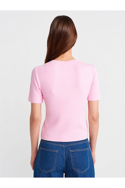 Dilvin 10733 Crew Neck Pocket Buttoned Knitwear Blouse-Pink