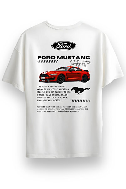 Alex Rosen Oversize Bisiklet Yaka Ford Mustang Baskılı Kısa Kollu Beyaz T-Shirt