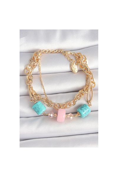 Skygo Brass Gold Color Multi Chain Model Blue Stone Figured Women's Bracelet - Tj-Bb6959