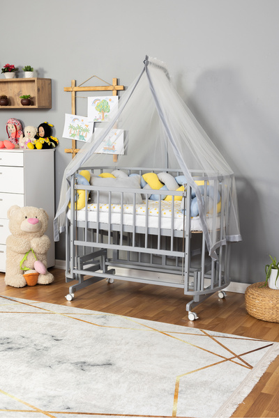 Carino Wins Ahşap Beşik Anne Yanı Yeni Doğan Papatya GRİ Bebek Beşiği SARI MAVİ ÖRGÜ UYKU SETLİ+TEKER