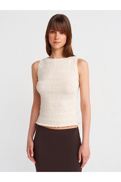 Dilvin 10751 Boat Neck Gathered Thin Knitwear Blouse-Ecru