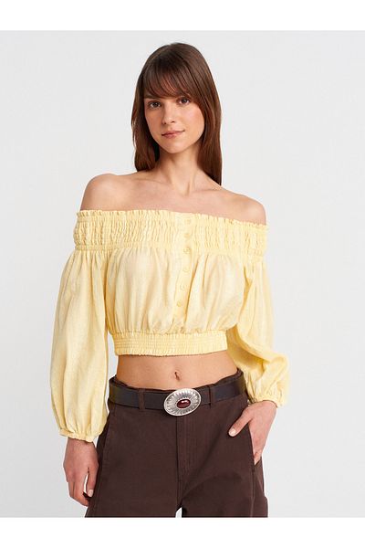 Dilvin 50258 Off-The-Shoulder Buttoned Top-Light Yellow