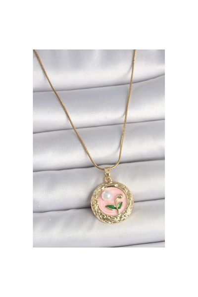 Skygo 316L Steel Gold Color Chain Pink Flower Embroidered Pearl Detail Portrait Model Women's Necklace - Tj-Bko10079