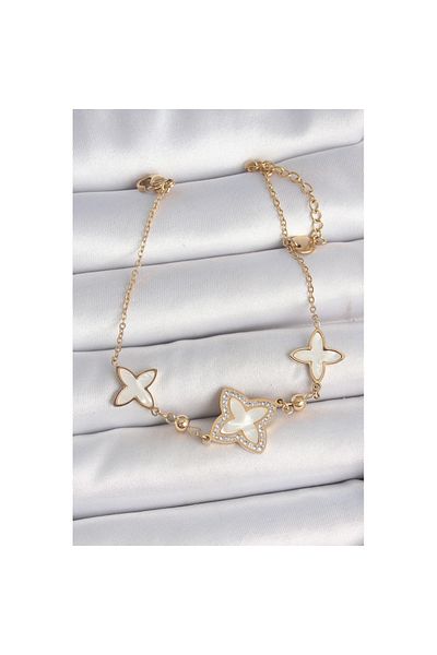 Skygo 316L Steel Gold Color White Enamel Flower Model Zircon Stone Detail Women's Bracelet - Tj-Bb6950