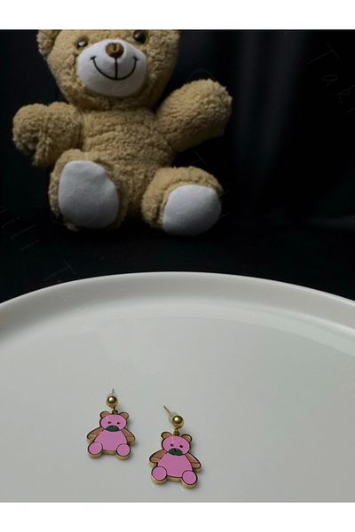 SEVGİLİ TAKI Children's Steel Earrings with Pink Teddy Bear - Fluffy Series