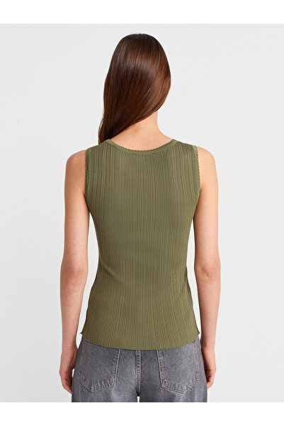 Dilvin 10753 Boat Neck Ribbed Thin Knitwear Blouse-Khaki