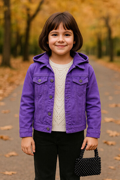 Hilal Akıncı Kids Kız Çocuk Renkli Seyyar Kapüşonlu Mevsimlik Kot Ceket