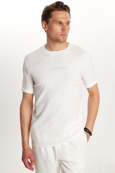 Tudors Men's Slim Fit Slim Fit Cotton Ribbed Printed White Crew Neck T-Shirt