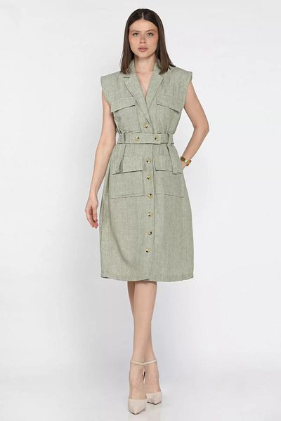 GÜLSELİ Light Khaki Women's Double Breasted Collar Belt Detailed Buttoned Dress