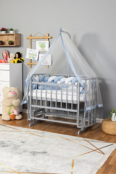 Carino Wins Ahşap Beşik Anne Yanı Yeni Doğan Papatya GRİ Bebek Beşiği MAVİ BE...