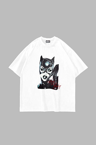 Tarzsokak Cat Woman Printed Oversize Unisex Alb