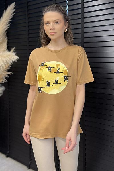 GÜLSELİ Γυναικείο T-Shirt με κεντημένο στάμπα μπισκότο Crew Neck Stone