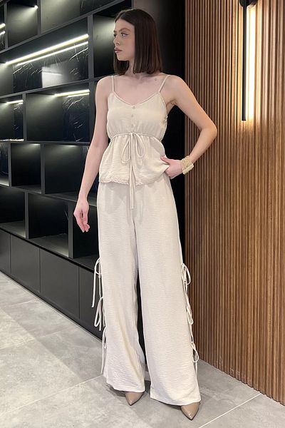 GÜLSELİ Light Beige Rope Strap Waist Elastic Blouse Trousers Double Set