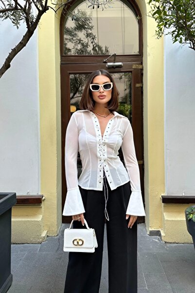 Eka Γυναικείο πουκάμισο από τούλι με λευκό κορδόνι 1026-0015