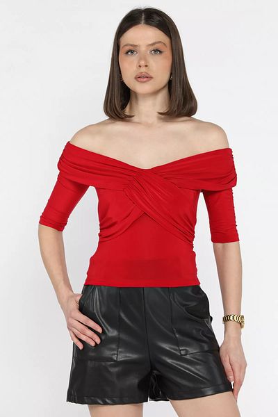 GÜLSELİ Γυναικεία Crop Μπλούζα Red Madonna Collar Draped