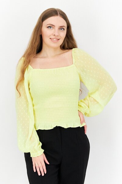 Riley & Rae Women Square Neck Short Sleeve Textured Top, Yellow