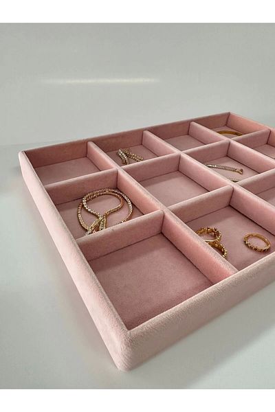 MeGass Dekor Domestic Production Suede Fabric Pink Color 34 Cm / 24 Cm 12 Compartment Drawer Inside Jewelry Stand