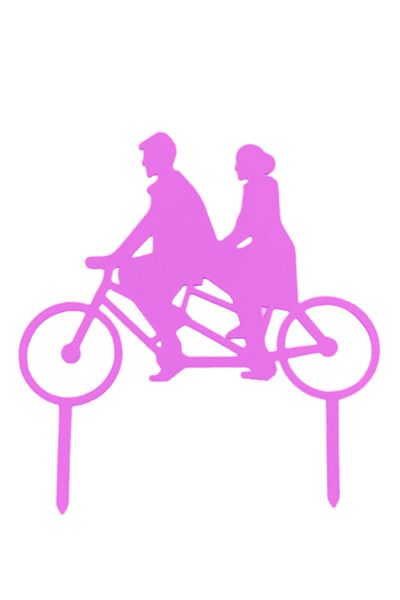 OEM Decoratiune topper tort "Doi pe-o bicicleta, in tandem", ciclism, 13 x 12 cm Mov deschis
