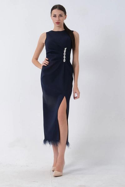 WeekJack Women's Evening Dress with Stone Detail on the Front and Slit and Feather Detail