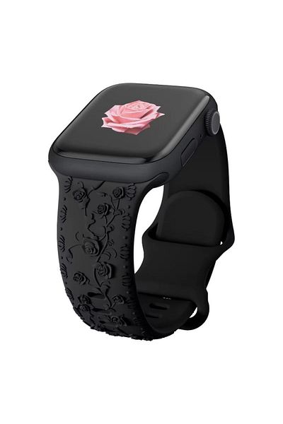REDz Accessories Curea cu trandafiri, silicon gravat, pentru Apple Watch, detalii florale, reglabilă, neagră - 38/40/41 mm