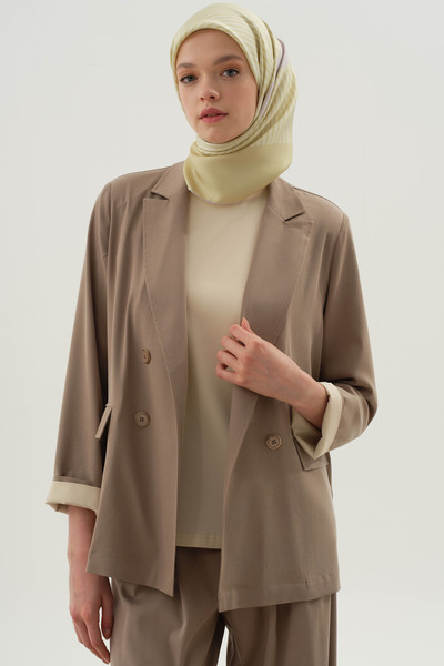 Tuğba Duble Kollu Kombinli Bluz Ceket Takım - Vizon