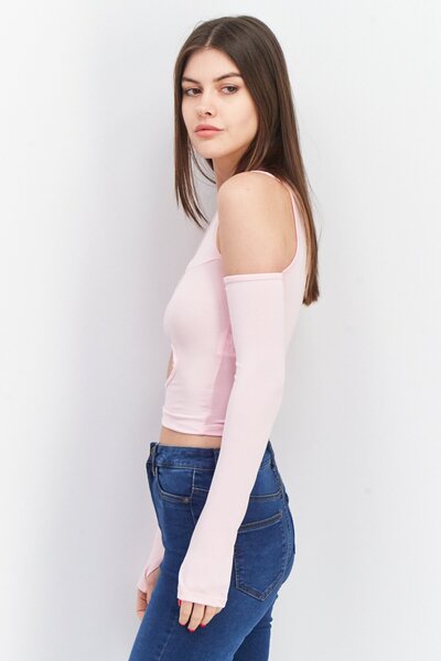 Don't Call Me Jennyfer Women Asymmetrical Neck Cold Shoulder Plain Cut Out Top, Pink