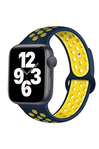 REDz Accessories Perforated Sport Band for Apple Watch, Silicone, Navy/Yellow - 44/45/46/49 mm, Medium