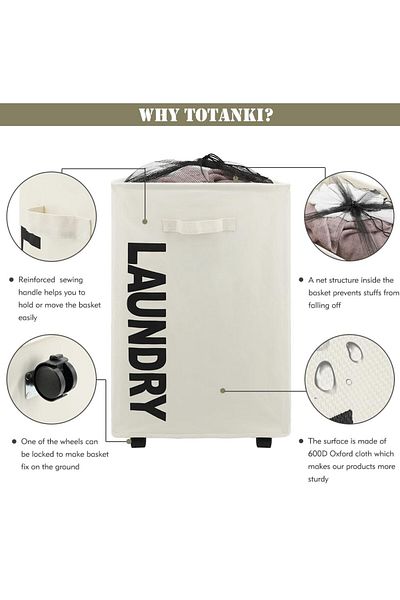 COOYA Wheeled Laundry Hamper,breathable Waterproof,with Handle Foldable,40*34*58cm,light Gray