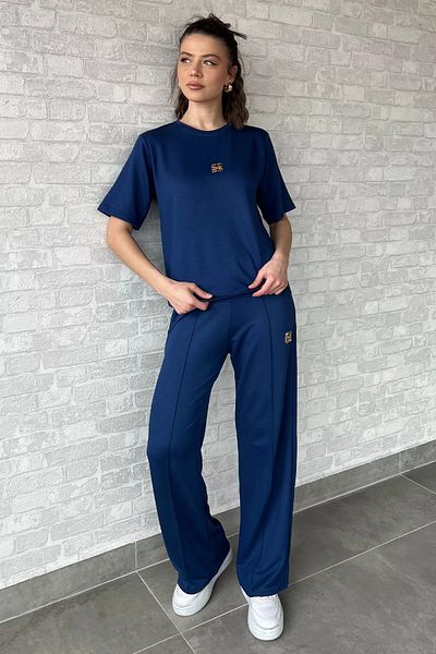 GÜLSELİ Navy Blue Women's Gold Buckle Detailed T-Shirt Pants Double Set